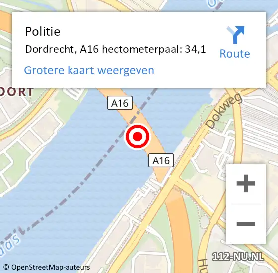 Locatie op kaart van de 112 melding: Politie Heerhugowaard, A16 hectometerpaal: 34,1 op 17 oktober 2022 23:26