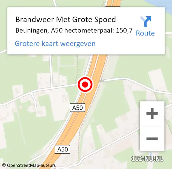 Locatie op kaart van de 112 melding: Brandweer Met Grote Spoed Naar Beuningen, A50 hectometerpaal: 150,7 op 18 oktober 2022 05:28