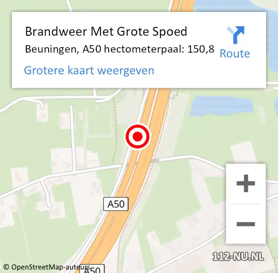 Locatie op kaart van de 112 melding: Brandweer Met Grote Spoed Naar Beuningen, A50 hectometerpaal: 150,8 op 18 oktober 2022 05:34