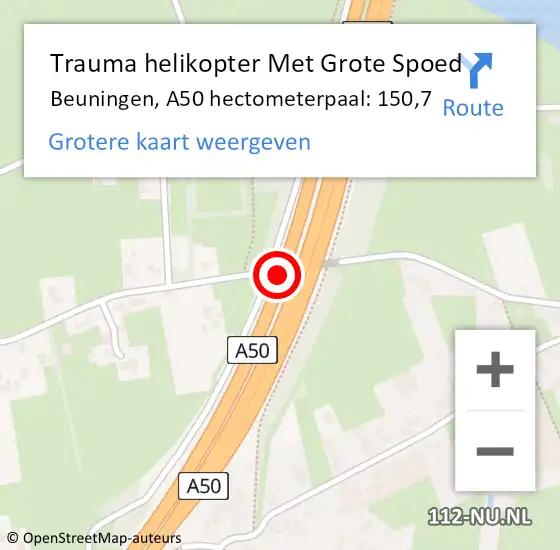 Locatie op kaart van de 112 melding: Trauma helikopter Met Grote Spoed Naar Beuningen, A50 hectometerpaal: 150,7 op 18 oktober 2022 05:41