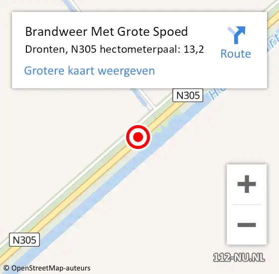 Locatie op kaart van de 112 melding: Brandweer Met Grote Spoed Naar Dronten, N305 hectometerpaal: 13,2 op 18 oktober 2022 06:26