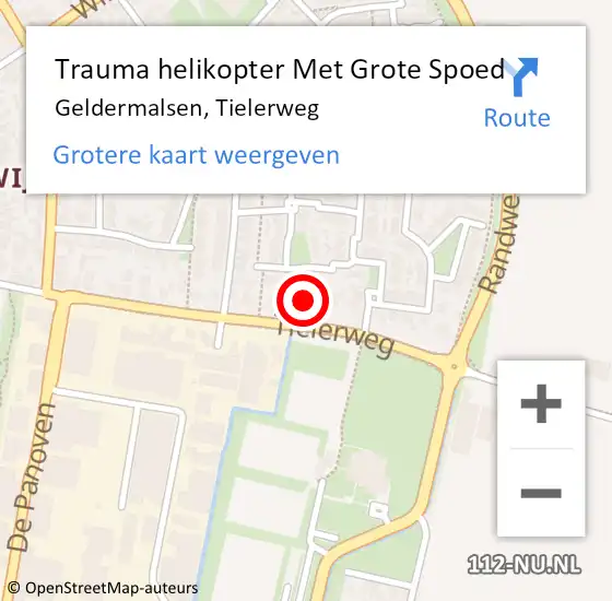 Locatie op kaart van de 112 melding: Trauma helikopter Met Grote Spoed Naar Geldermalsen, Tielerweg op 18 oktober 2022 07:28