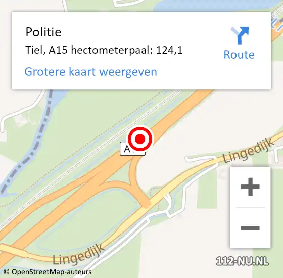 Locatie op kaart van de 112 melding: Politie Tiel, A15 hectometerpaal: 124,1 op 18 oktober 2022 07:41