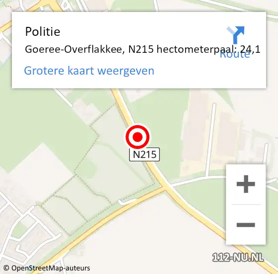 Locatie op kaart van de 112 melding: Politie Goeree-Overflakkee, N215 hectometerpaal: 24,1 op 18 oktober 2022 07:54