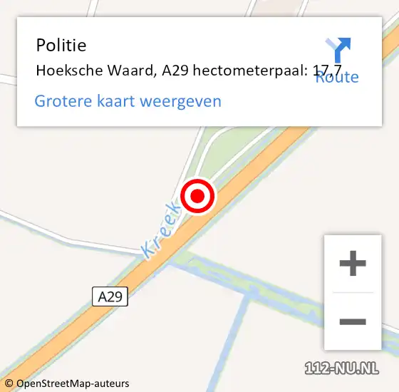 Locatie op kaart van de 112 melding: Politie Hoeksche Waard, A29 hectometerpaal: 17,7 op 18 oktober 2022 08:31