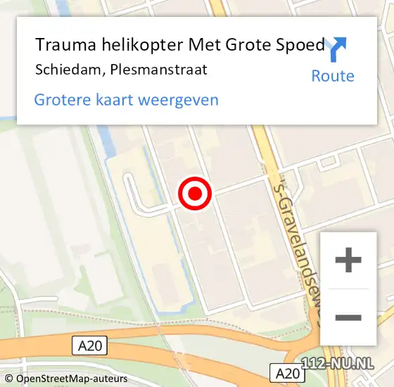 Locatie op kaart van de 112 melding: Trauma helikopter Met Grote Spoed Naar Schiedam, Plesmanstraat op 18 oktober 2022 09:23