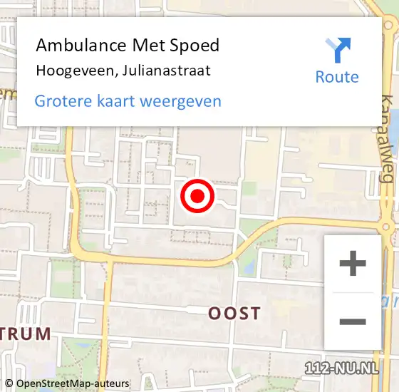 Locatie op kaart van de 112 melding: Ambulance Met Spoed Naar Hoogeveen, Julianastraat op 18 oktober 2022 09:33