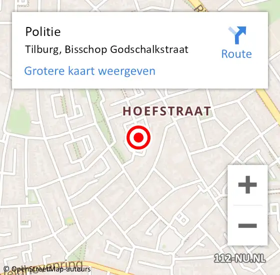 Locatie op kaart van de 112 melding: Politie Tilburg, Bisschop Godschalkstraat op 18 oktober 2022 11:20