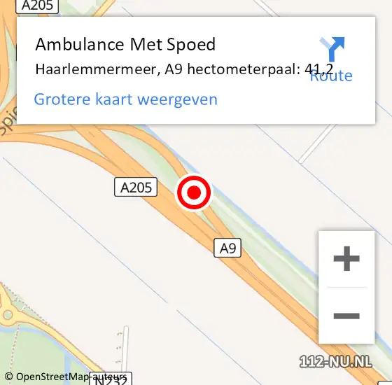 Locatie op kaart van de 112 melding: Ambulance Met Spoed Naar Haarlemmermeer, A9 hectometerpaal: 41,2 op 18 oktober 2022 12:36