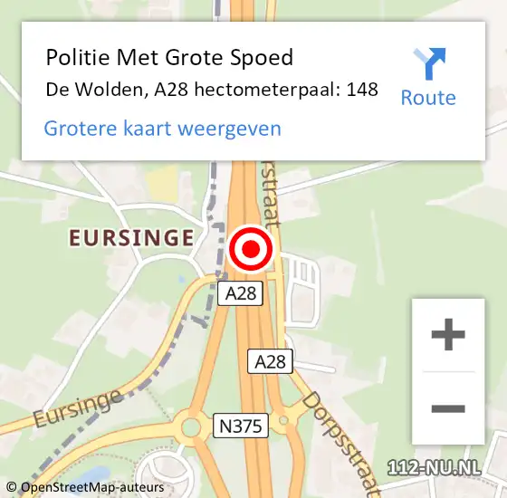 Locatie op kaart van de 112 melding: Politie Met Grote Spoed Naar De Wolden, A28 hectometerpaal: 148 op 18 oktober 2022 12:56