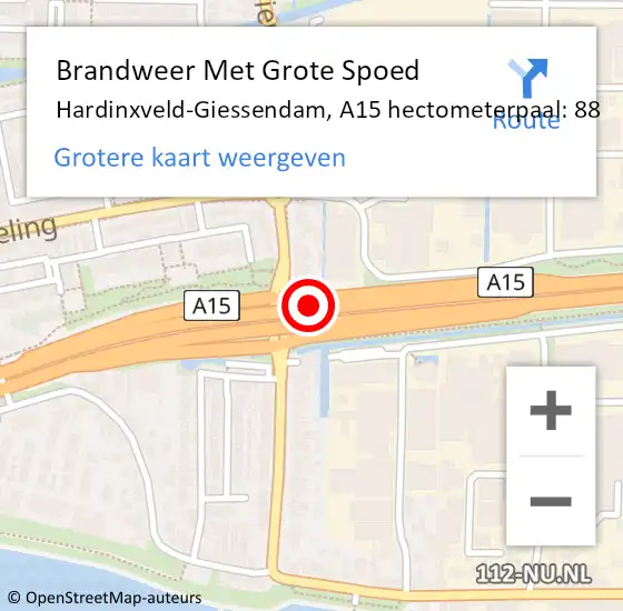 Locatie op kaart van de 112 melding: Brandweer Met Grote Spoed Naar Hardinxveld-Giessendam, A15 hectometerpaal: 88 op 18 oktober 2022 14:53