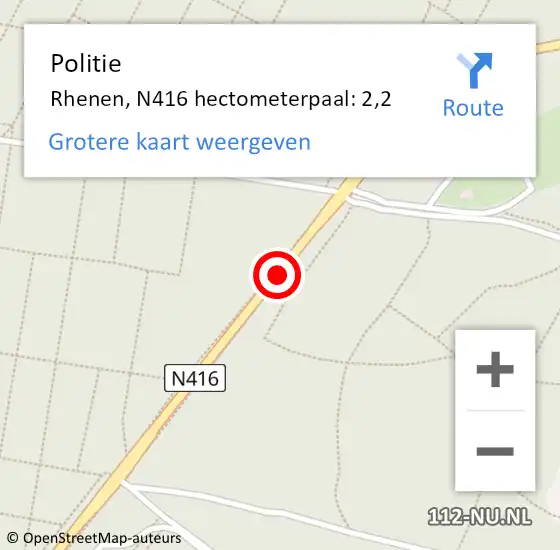 Locatie op kaart van de 112 melding: Politie Rhenen, N416 hectometerpaal: 2,2 op 18 oktober 2022 15:25