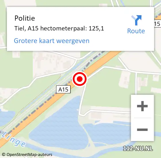 Locatie op kaart van de 112 melding: Politie Tiel, A15 hectometerpaal: 125,1 op 18 oktober 2022 15:26