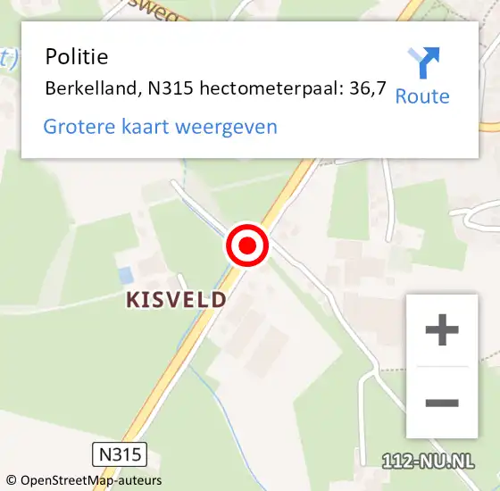 Locatie op kaart van de 112 melding: Politie Berkelland, N315 hectometerpaal: 36,7 op 18 oktober 2022 16:56