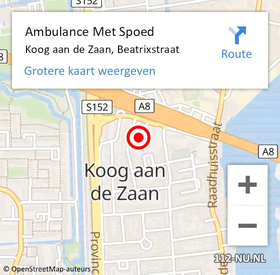 Locatie op kaart van de 112 melding: Ambulance Met Spoed Naar Koog aan de Zaan, Beatrixstraat op 18 oktober 2022 18:34