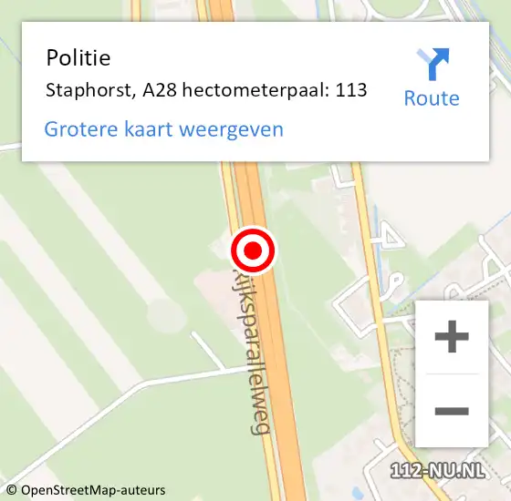Locatie op kaart van de 112 melding: Politie Staphorst, A28 hectometerpaal: 113 op 18 oktober 2022 23:04