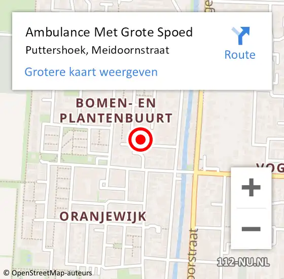 Locatie op kaart van de 112 melding: Ambulance Met Grote Spoed Naar Puttershoek, Meidoornstraat op 19 oktober 2022 05:43