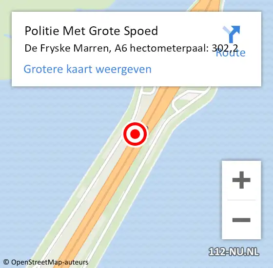 Locatie op kaart van de 112 melding: Politie Met Grote Spoed Naar De Fryske Marren, A6 hectometerpaal: 302,2 op 19 oktober 2022 06:47