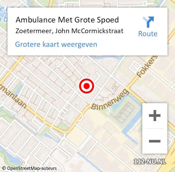 Locatie op kaart van de 112 melding: Ambulance Met Grote Spoed Naar Zoetermeer, John McCormickstraat op 19 oktober 2022 08:38