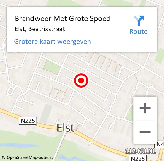 Locatie op kaart van de 112 melding: Brandweer Met Grote Spoed Naar Elst, Beatrixstraat op 19 oktober 2022 08:51