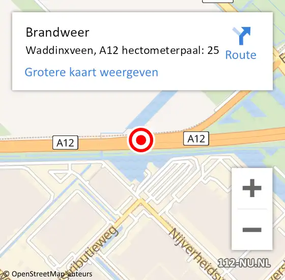 Locatie op kaart van de 112 melding: Brandweer Waddinxveen, A12 hectometerpaal: 25 op 19 oktober 2022 09:39