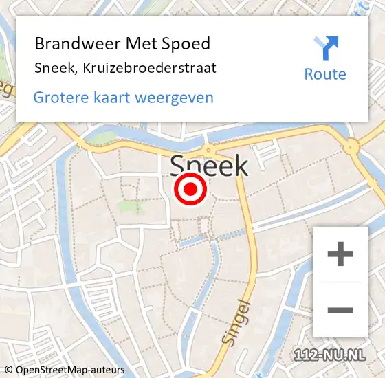 Locatie op kaart van de 112 melding: Brandweer Met Spoed Naar Sneek, Kruizebroederstraat op 19 oktober 2022 10:37