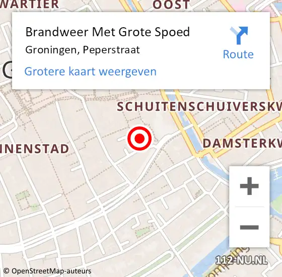 Locatie op kaart van de 112 melding: Brandweer Met Grote Spoed Naar Groningen, Peperstraat op 19 oktober 2022 11:33