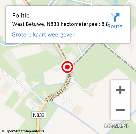 Locatie op kaart van de 112 melding: Politie West Betuwe, N833 hectometerpaal: 8,8 op 19 oktober 2022 12:33