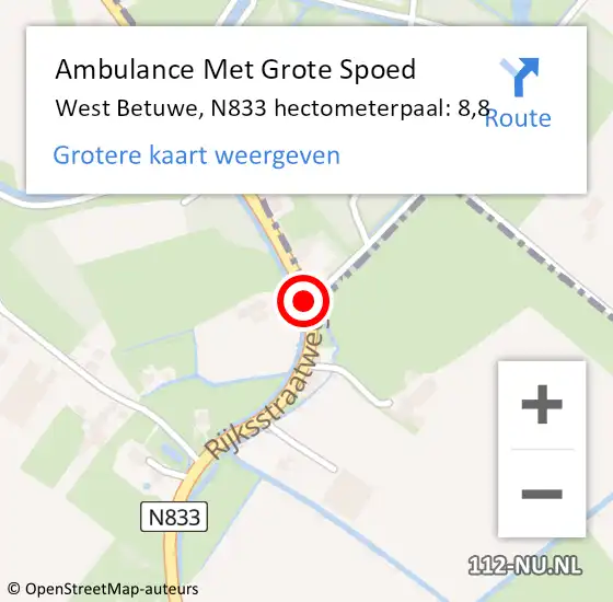 Locatie op kaart van de 112 melding: Ambulance Met Grote Spoed Naar West Betuwe, N833 hectometerpaal: 8,8 op 19 oktober 2022 12:33