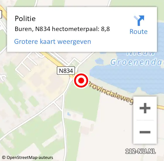 Locatie op kaart van de 112 melding: Politie Buren, N834 hectometerpaal: 8,8 op 19 oktober 2022 12:38