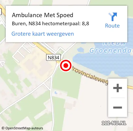 Locatie op kaart van de 112 melding: Ambulance Met Spoed Naar Buren, N834 hectometerpaal: 8,8 op 19 oktober 2022 12:45