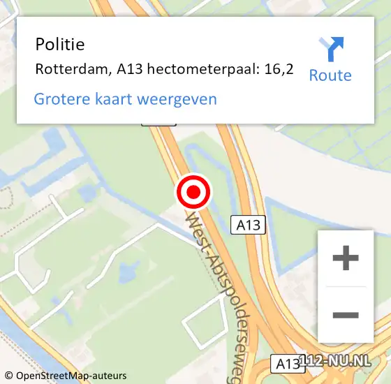 Locatie op kaart van de 112 melding: Politie Rotterdam, A13 hectometerpaal: 16,2 op 19 oktober 2022 13:17
