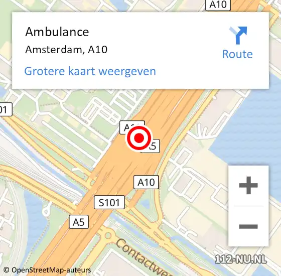 Locatie op kaart van de 112 melding: Ambulance Amsterdam, A10 op 2 augustus 2014 01:28