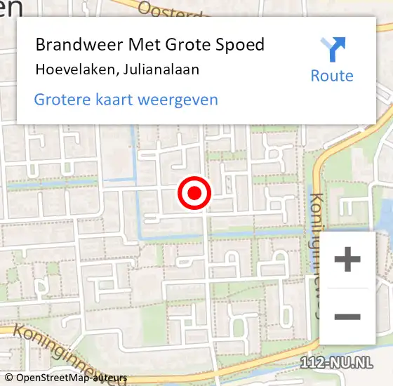 Locatie op kaart van de 112 melding: Brandweer Met Grote Spoed Naar Hoevelaken, Julianalaan op 19 oktober 2022 15:00