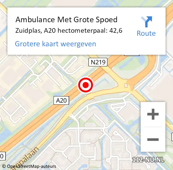 Locatie op kaart van de 112 melding: Ambulance Met Grote Spoed Naar Zuidplas, A20 hectometerpaal: 42,6 op 19 oktober 2022 15:14