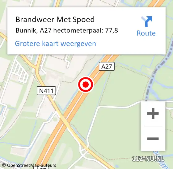 Locatie op kaart van de 112 melding: Brandweer Met Spoed Naar Bunnik, A27 hectometerpaal: 77,8 op 19 oktober 2022 15:29