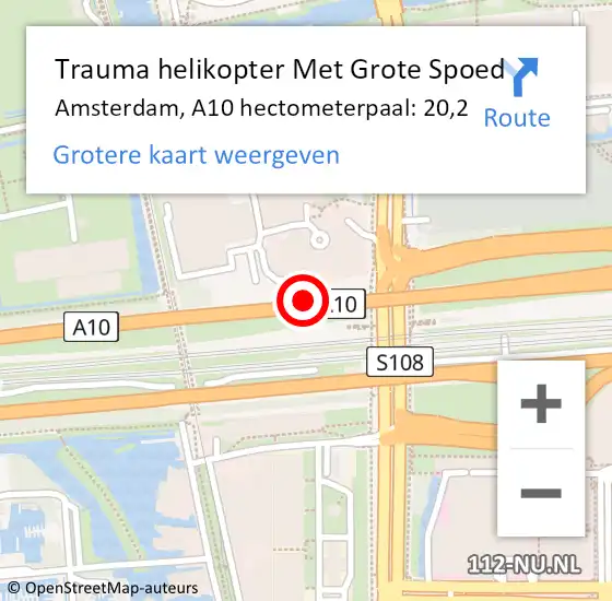 Locatie op kaart van de 112 melding: Trauma helikopter Met Grote Spoed Naar Amsterdam, A10 hectometerpaal: 20,2 op 19 oktober 2022 15:58