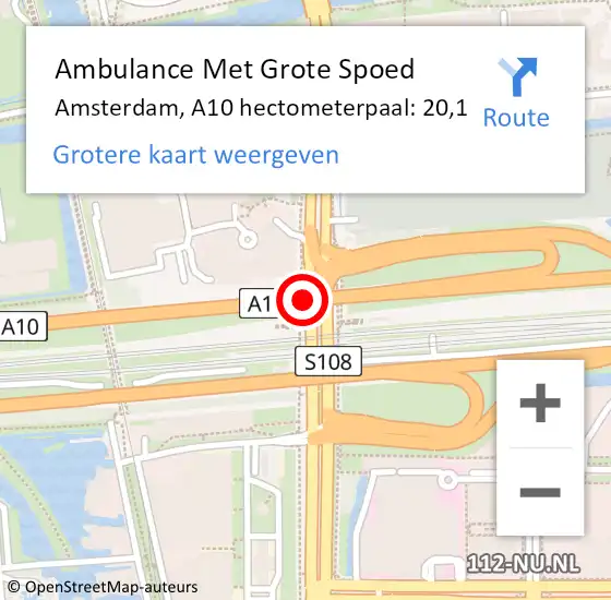 Locatie op kaart van de 112 melding: Ambulance Met Grote Spoed Naar Amsterdam, A10 hectometerpaal: 20,1 op 19 oktober 2022 15:59