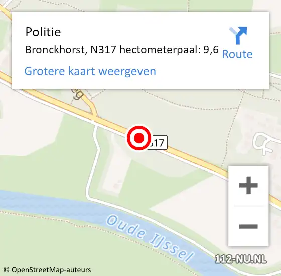 Locatie op kaart van de 112 melding: Politie Bronckhorst, N317 hectometerpaal: 9,6 op 19 oktober 2022 17:06