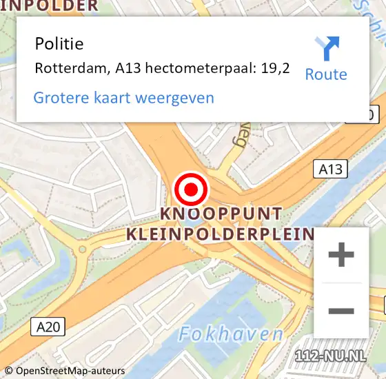 Locatie op kaart van de 112 melding: Politie Rotterdam, A13 hectometerpaal: 19,2 op 19 oktober 2022 17:09