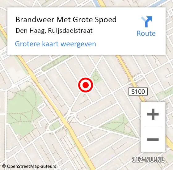 Locatie op kaart van de 112 melding: Brandweer Met Grote Spoed Naar Den Haag, Ruijsdaelstraat op 19 oktober 2022 18:48