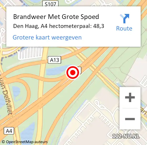 Locatie op kaart van de 112 melding: Brandweer Met Grote Spoed Naar Den Haag, A4 hectometerpaal: 48,3 op 19 oktober 2022 20:29