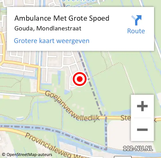 Locatie op kaart van de 112 melding: Ambulance Met Grote Spoed Naar Gouda, Mondlanestraat op 19 oktober 2022 21:18