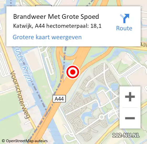 Locatie op kaart van de 112 melding: Brandweer Met Grote Spoed Naar Katwijk, A44 hectometerpaal: 18,1 op 19 oktober 2022 21:34