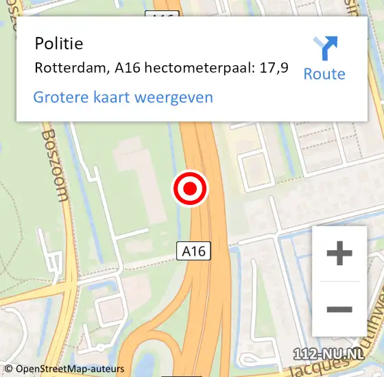 Locatie op kaart van de 112 melding: Politie Rotterdam, A16 hectometerpaal: 17,9 op 20 oktober 2022 07:18