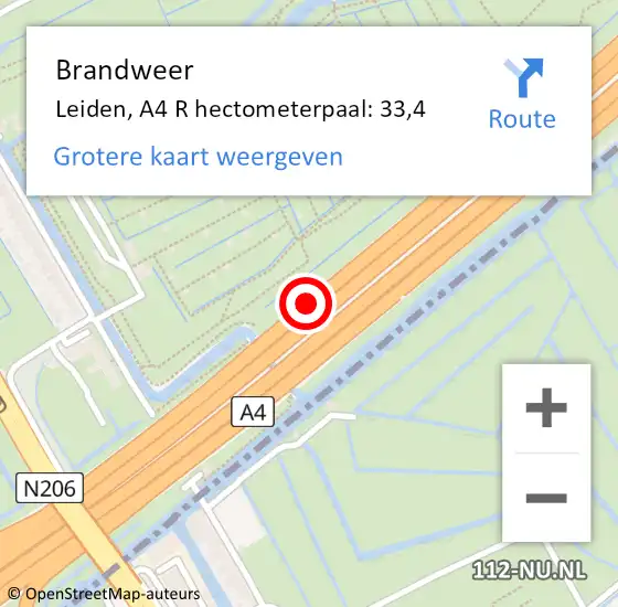 Locatie op kaart van de 112 melding: Brandweer Leiden, A4 R hectometerpaal: 32,1 op 2 augustus 2014 04:28
