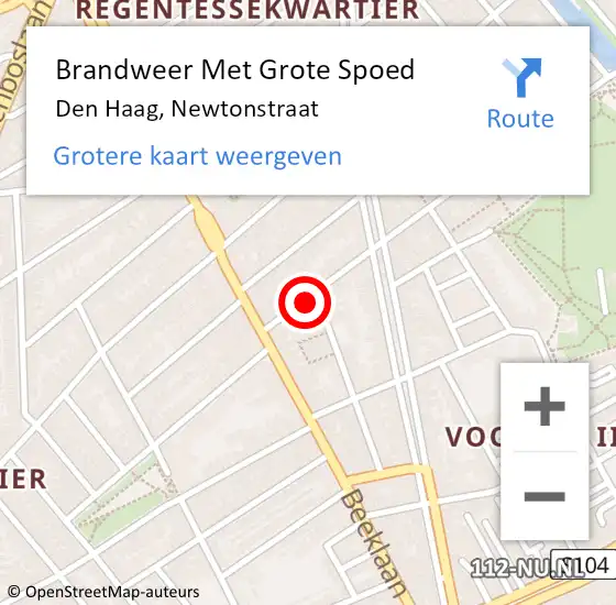 Locatie op kaart van de 112 melding: Brandweer Met Grote Spoed Naar Den Haag, Newtonstraat op 20 oktober 2022 09:19