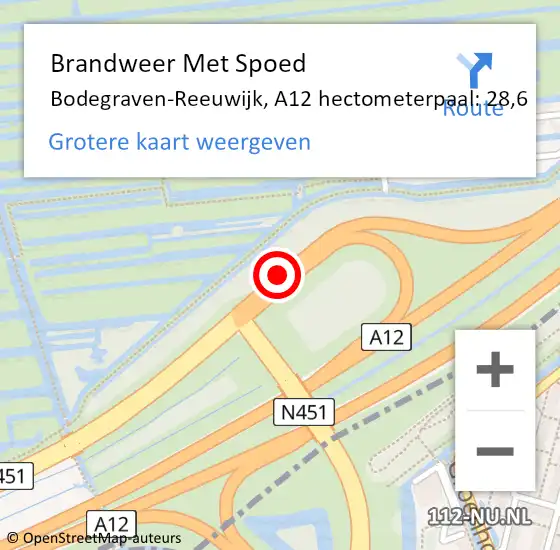 Locatie op kaart van de 112 melding: Brandweer Met Spoed Naar Bodegraven-Reeuwijk, A12 hectometerpaal: 28,6 op 20 oktober 2022 11:12