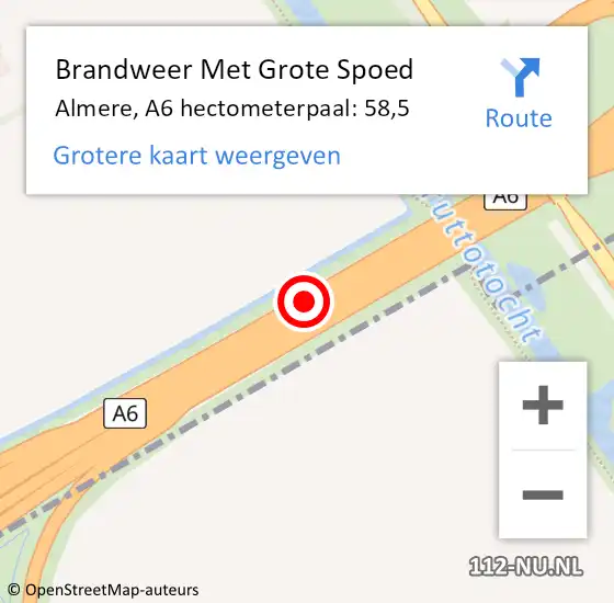Locatie op kaart van de 112 melding: Brandweer Met Grote Spoed Naar Almere, A6 hectometerpaal: 58,5 op 20 oktober 2022 11:31
