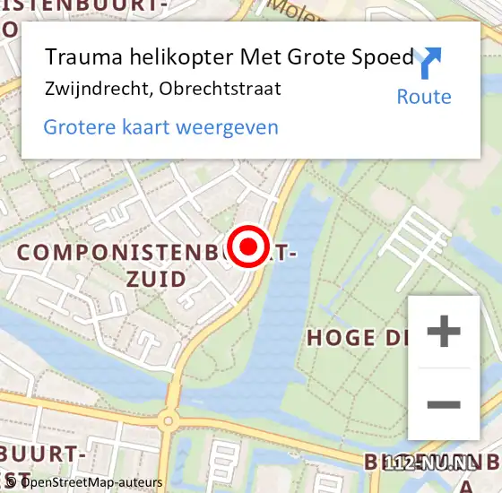 Locatie op kaart van de 112 melding: Trauma helikopter Met Grote Spoed Naar Zwijndrecht, Obrechtstraat op 20 oktober 2022 11:34